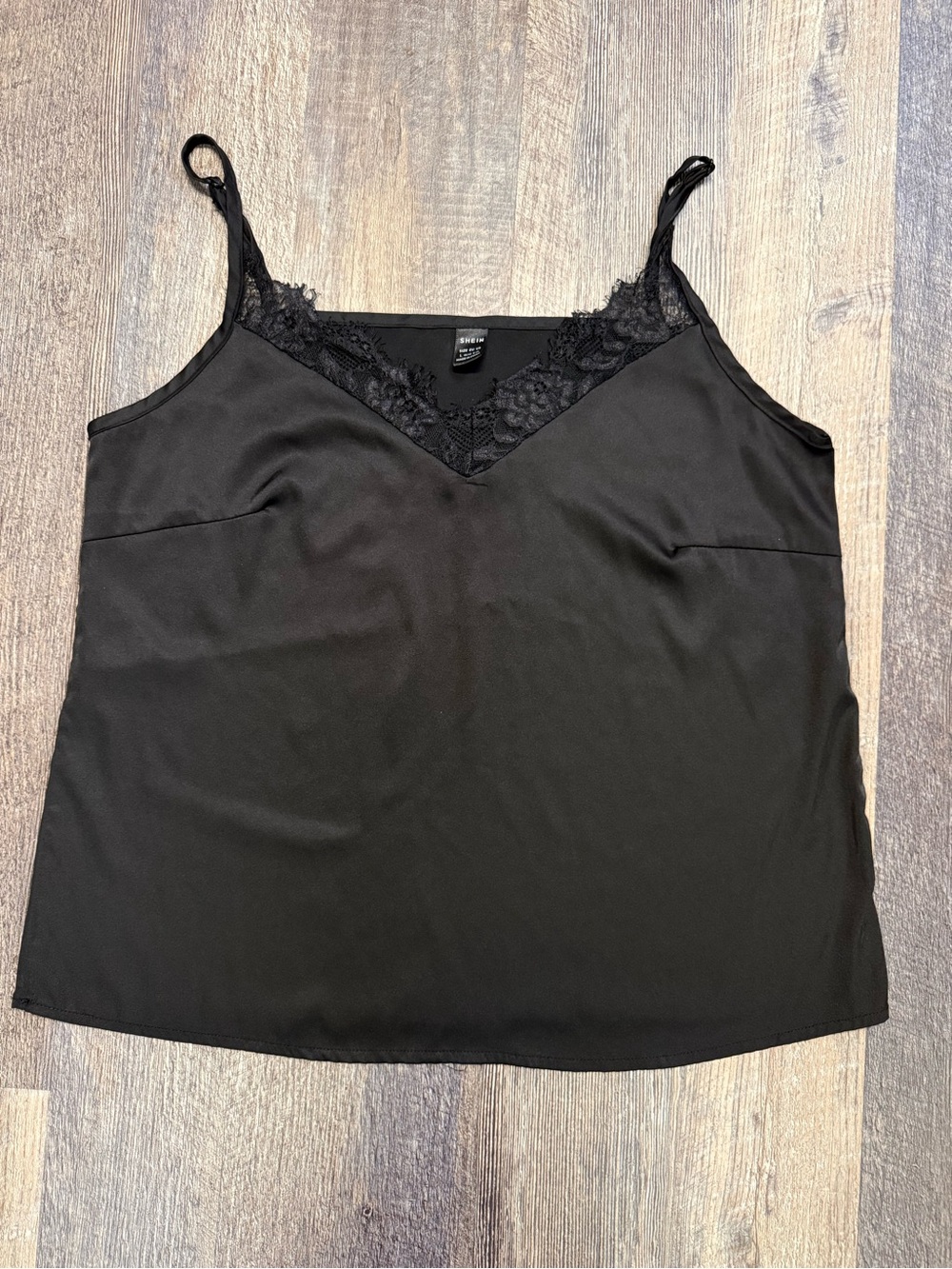 SHEIN Black Silky Cami Top Lace Trim Adjustable Straps Size L